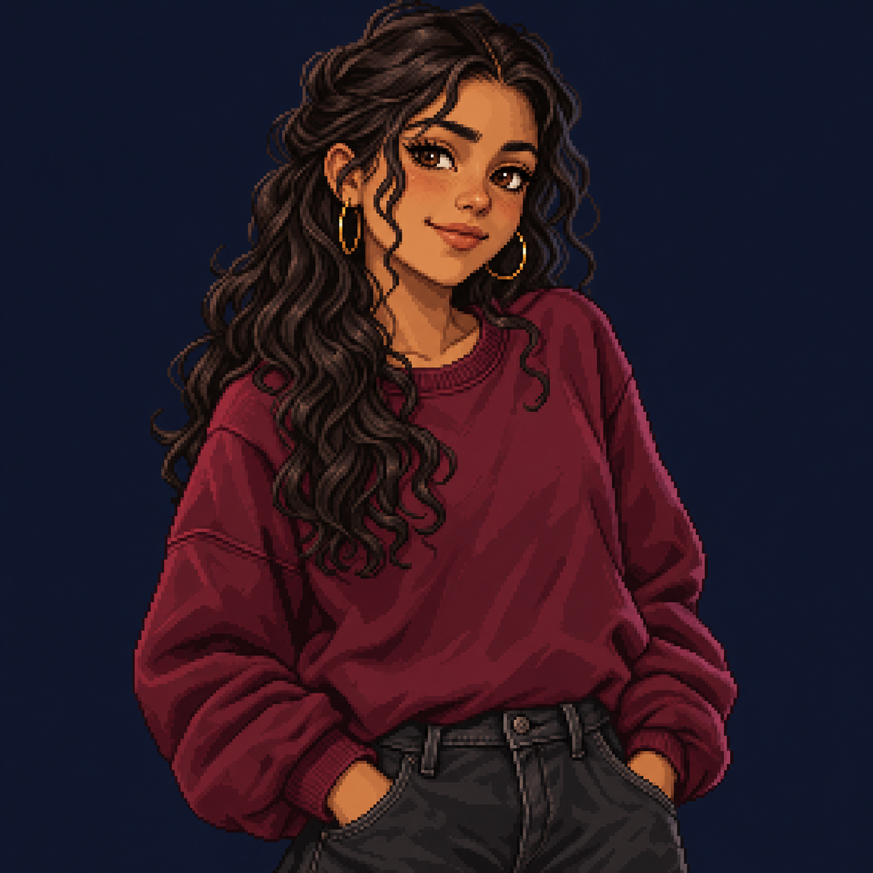 Luna, una adolescente gitana con pelo oscuro ondulado y sudadera granate, en pixel art